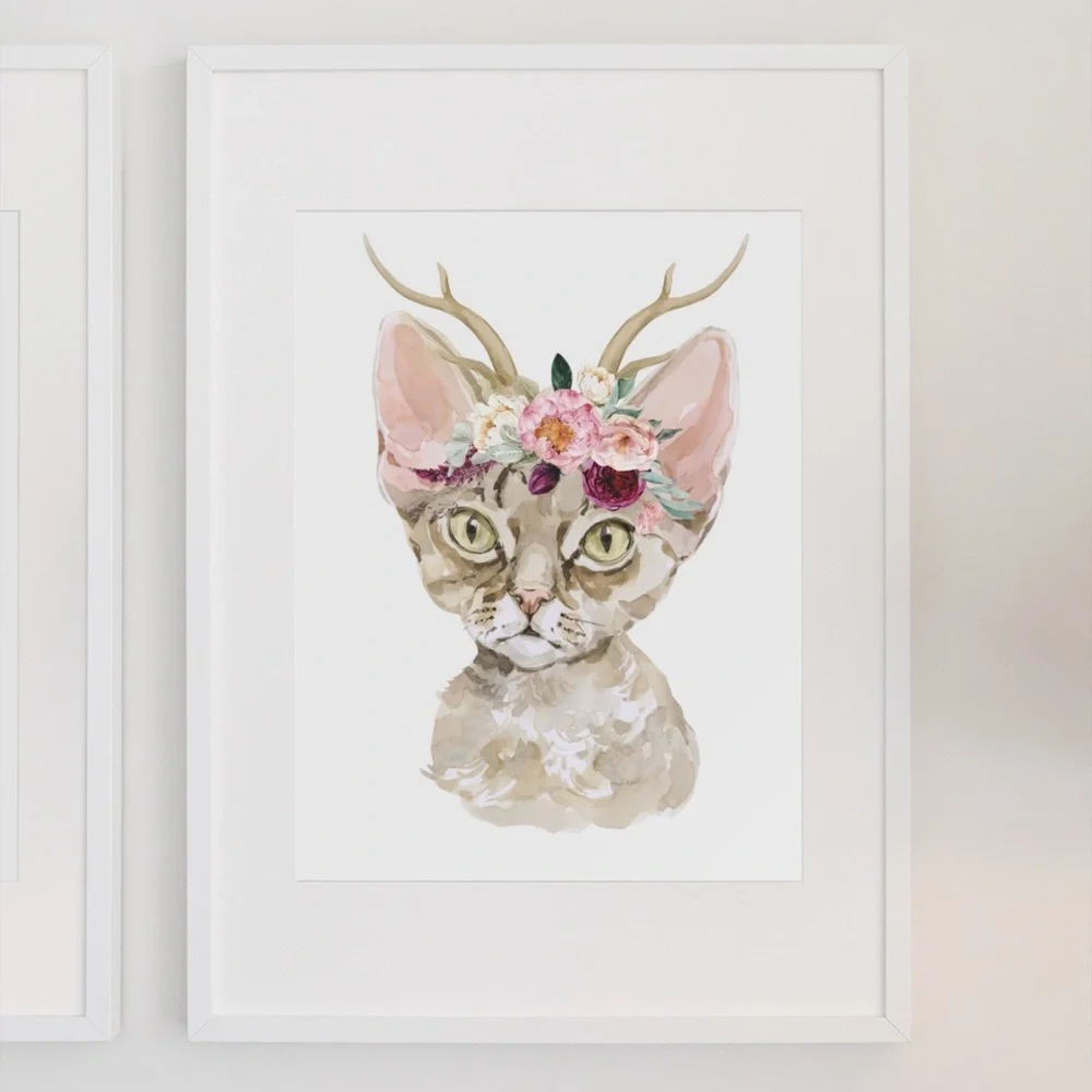 Watercolor Floral Devon Rex Cat Wall Art Illustration Print Poster Card Unframed - Picture 3 of 7